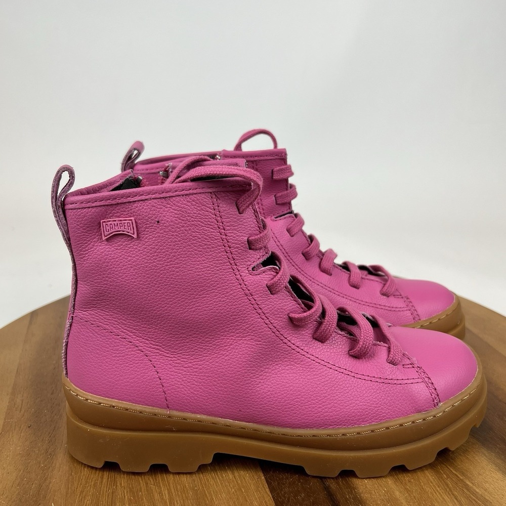 NWOB Big Kids Girls Camper Brutus Pink Leather Side‎ Zip Combat Boots Size EU 35